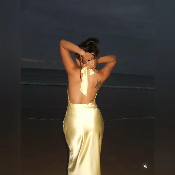 Zara butter Yellow Backless Halter maxi Dress holiday evening wedding - Picture 7 of 16